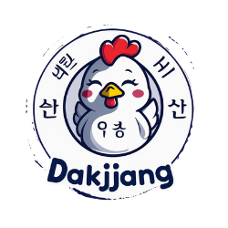 Logotipo del restaurante con un pollo kawai con el nombre de la empresa Dakjjang